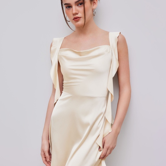 Satin Ruched Ruffle Hem Cream Mini Dress - Picture 6 of 9